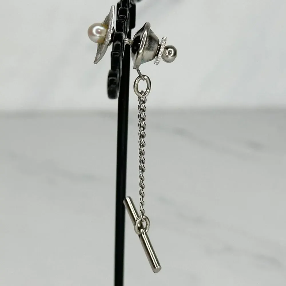 Vintage Faux Pearl Silver Tone Square Lapel Tie Tack Pin ✨